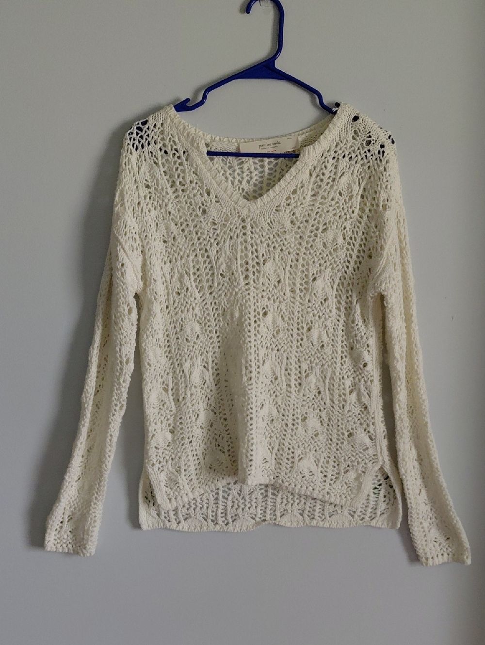 Peace Love World Crochet Open Knit White Cotton Sweater Dainty Coquette Twee